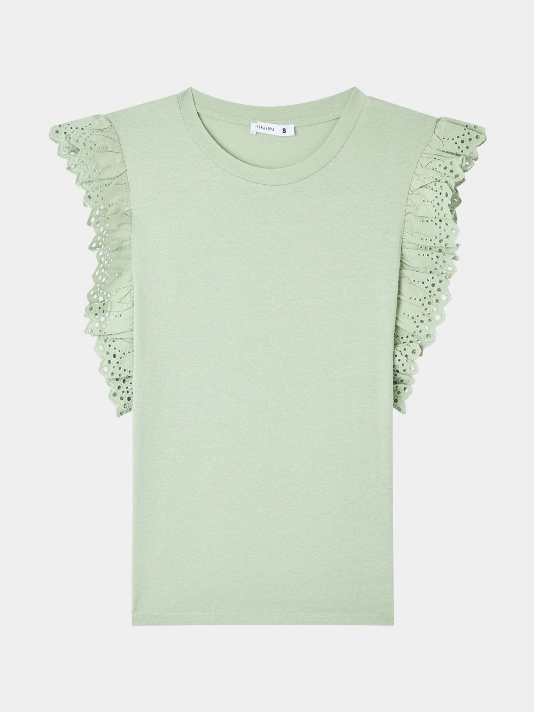 Sage light T-shirt with Sangallo lace ruffle - Buy Online | Terranova